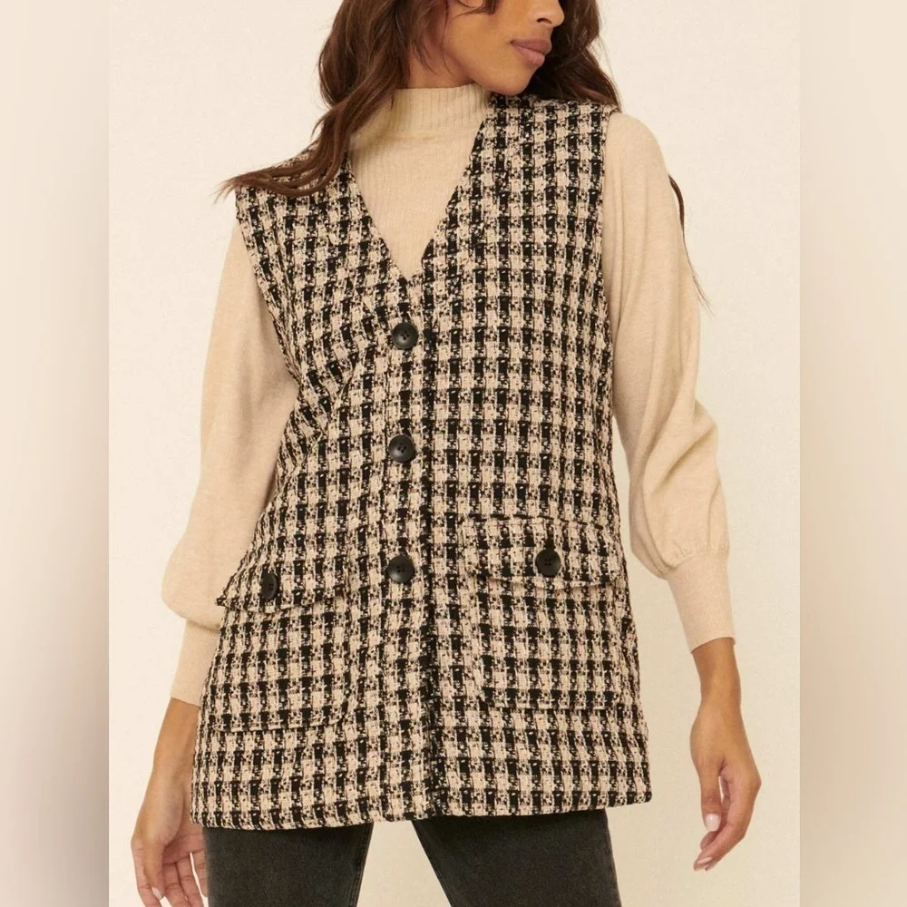 Women’s Promesa Plaid Tweed Utility Button Vest Size Medium Black Cream